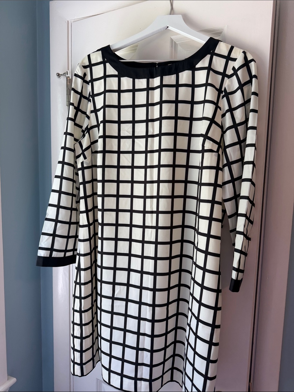 J. Crew Factory White Dress with Black Grid Pattern, Long Sleeve